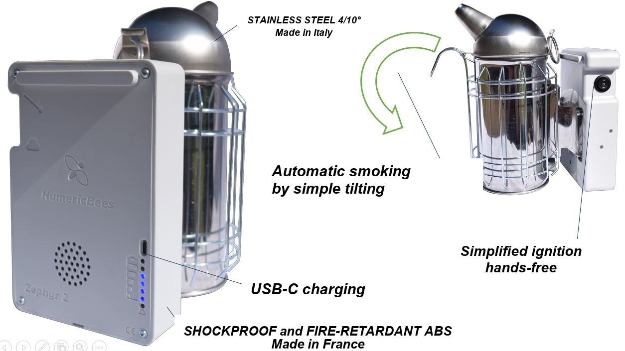 Zephyr, the bee smoker with electric blower, smokes by simply tilting.