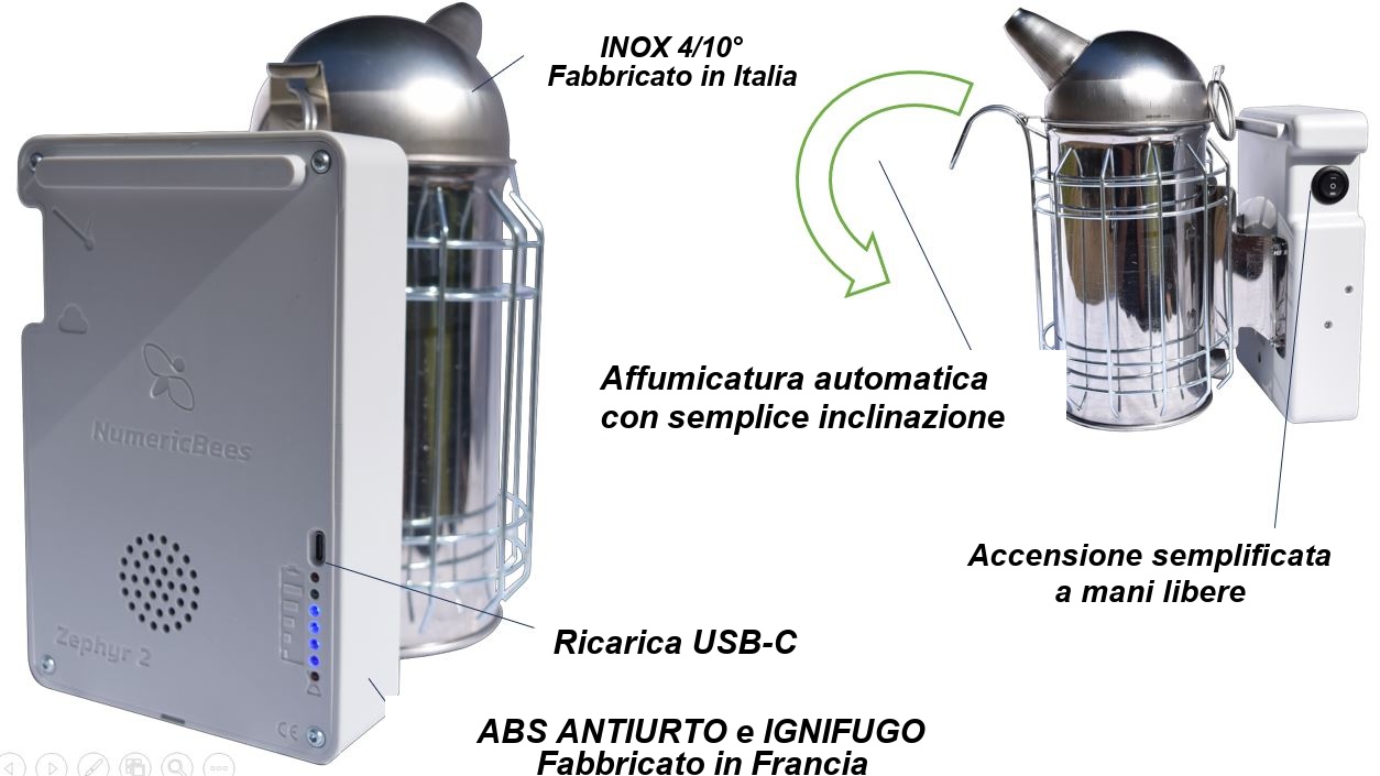 Zephyr, l'affumicatore per api con soffiatore elettrico, affumica semplicemente inclinandolo.